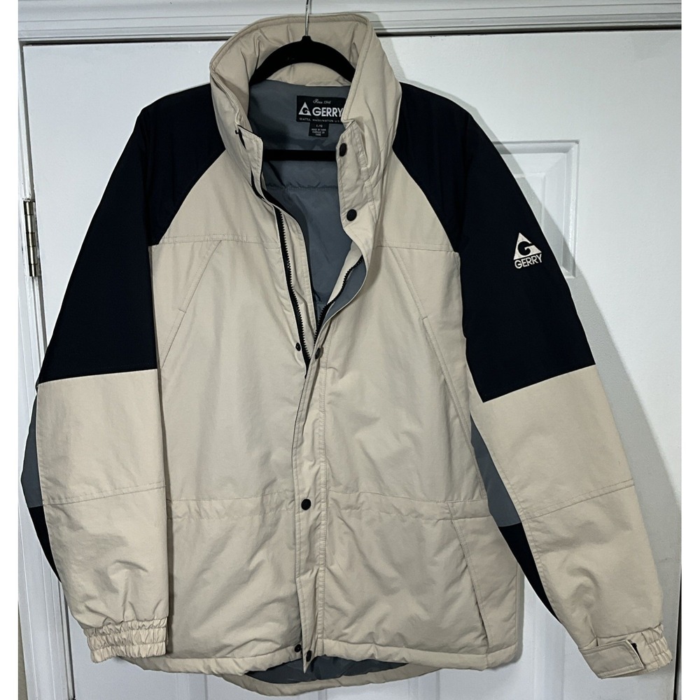 Gerry Long Ski Jacket Tan/Beige Multiple Zip Pockets Hidden Hoodie Men's Large